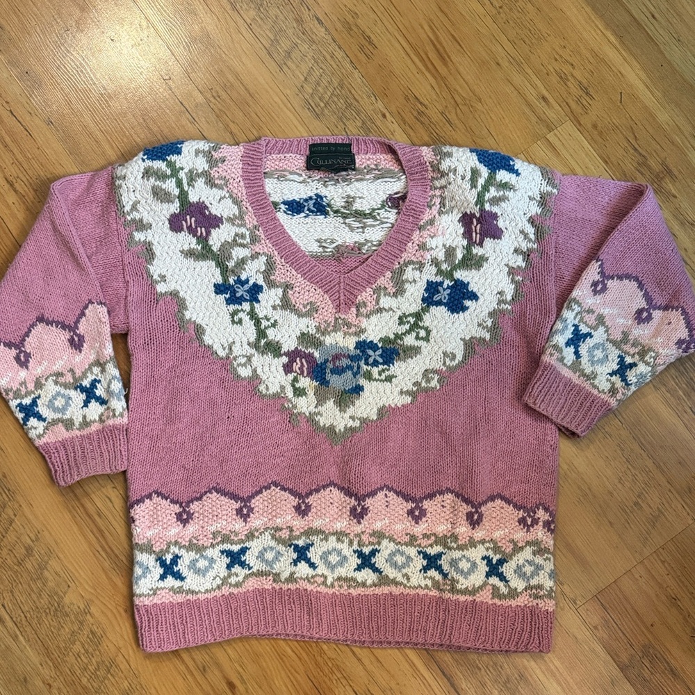 VTG Cullinane Floral V-Neck Sweater Pink Sz M